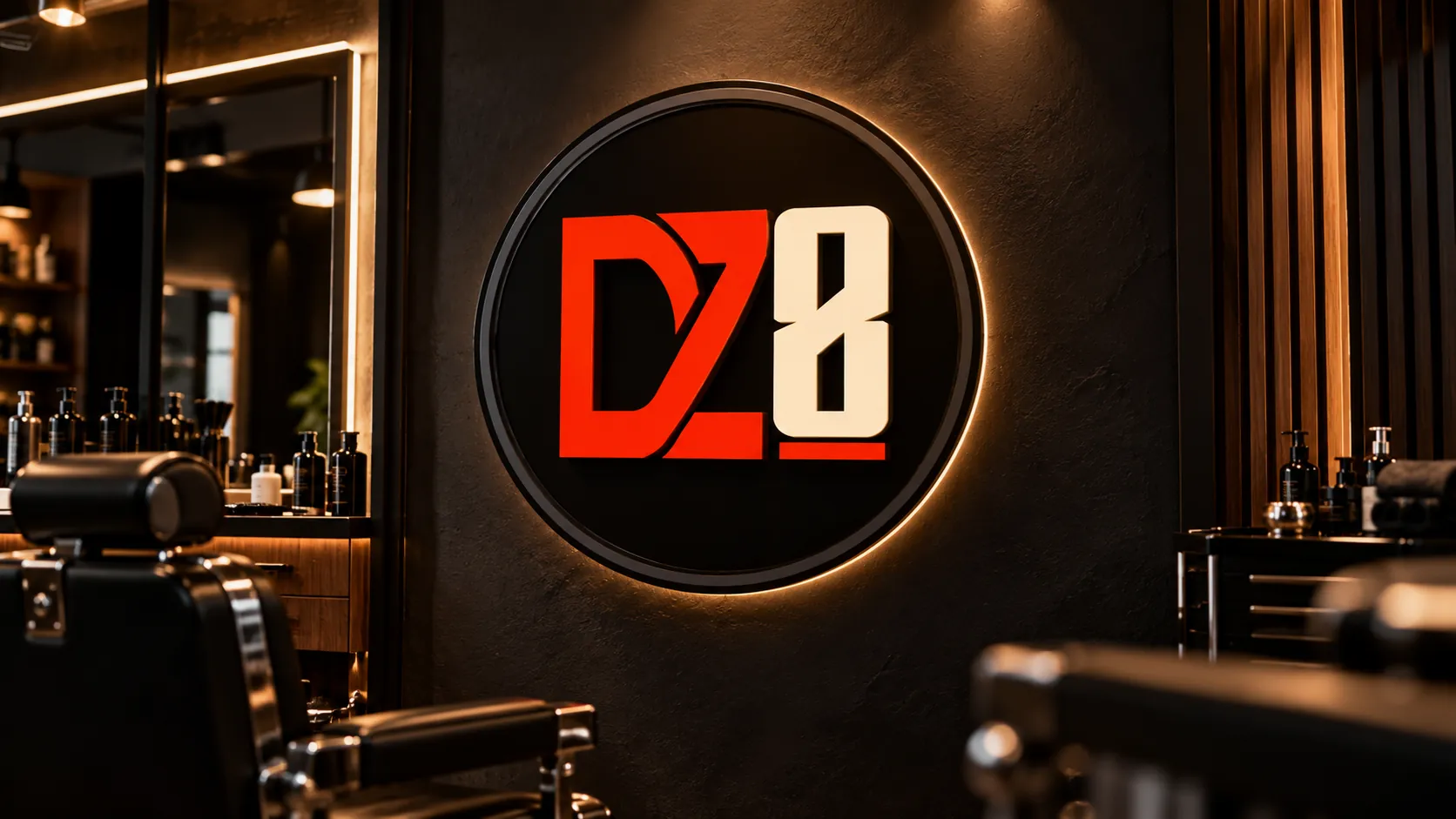 Fachada da DZ8 Barbearia com o logotipo iluminado
