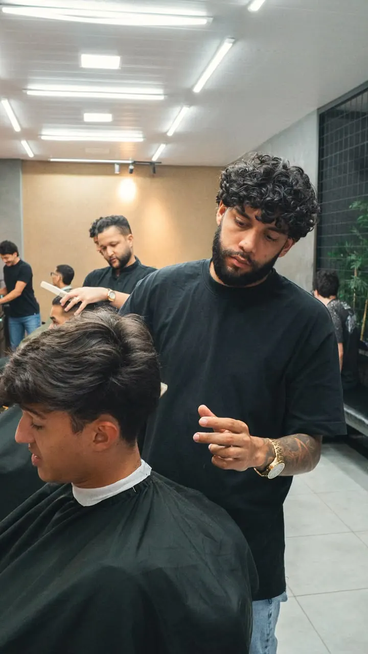 Barbeiro avaliando o corte com a equipe ao fundo