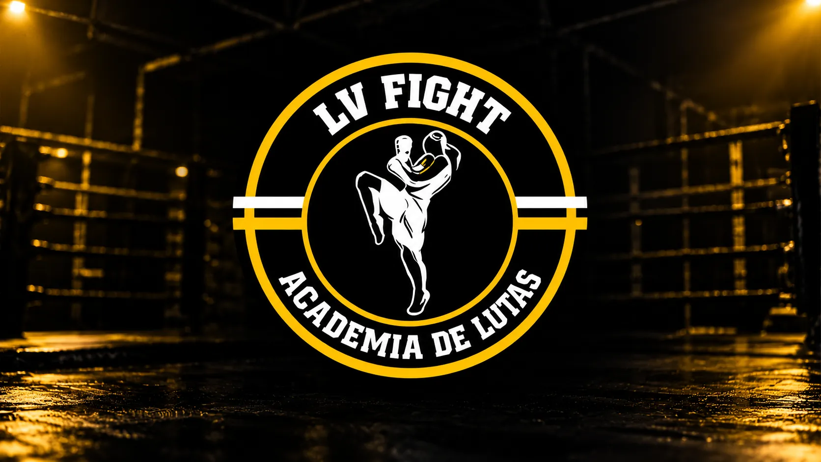 Logotipo da LV FIGHT Academia de Lutas sobre ringue iluminado