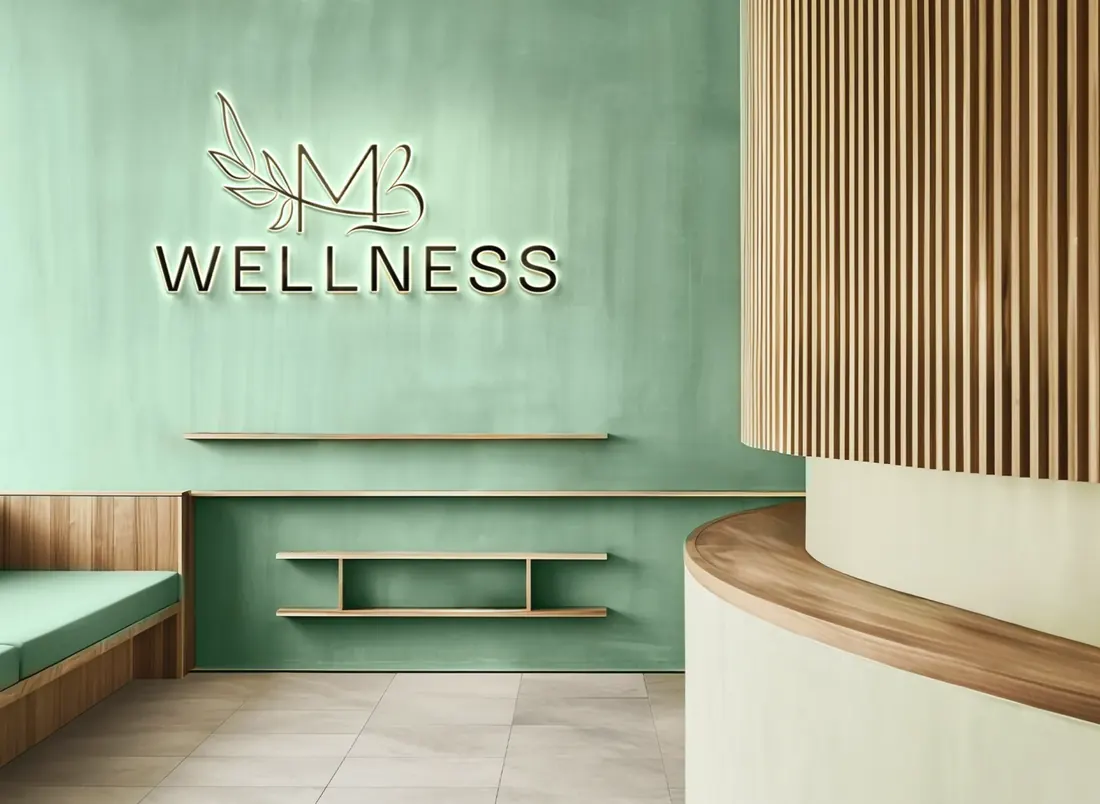 Logotipo em letreiro na parede verde da recepção do consultório